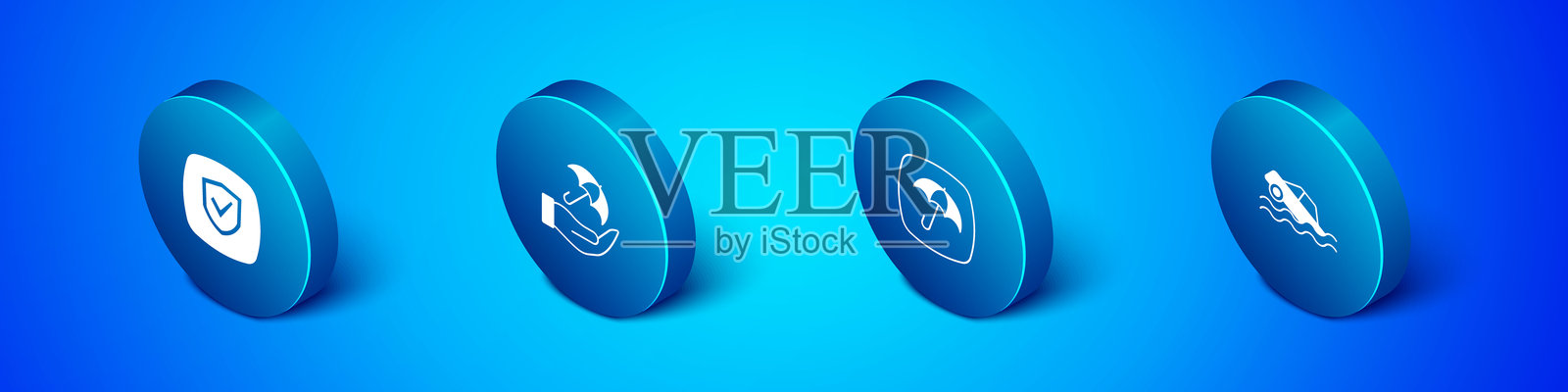 等距盾牌、伞、洪水汽车和手持图标。矢量图。插画图片素材