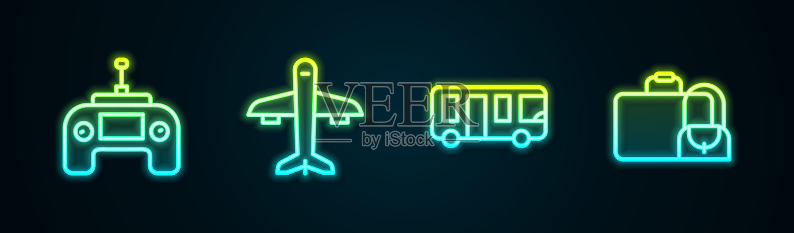 设置线条无人机遥控器、飞机、机场巴士和行李箱。发光霓虹图标。矢量图。插画图片素材