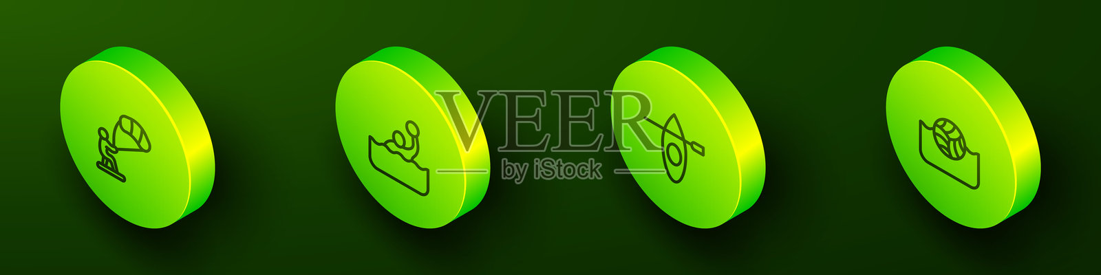 等距线风筝冲浪、水球、皮划艇和划桨图标。矢量图。插画图片素材