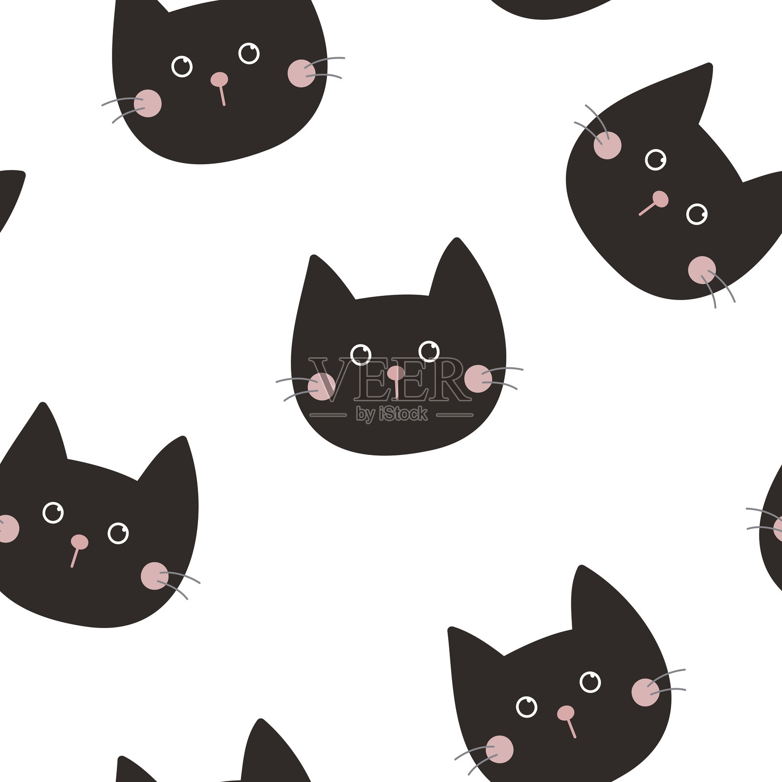 可爱黑猫的无缝图案。白色背景上的矢量插图。可用于壁纸、包装纸、卡片、服装图案等。插画图片素材