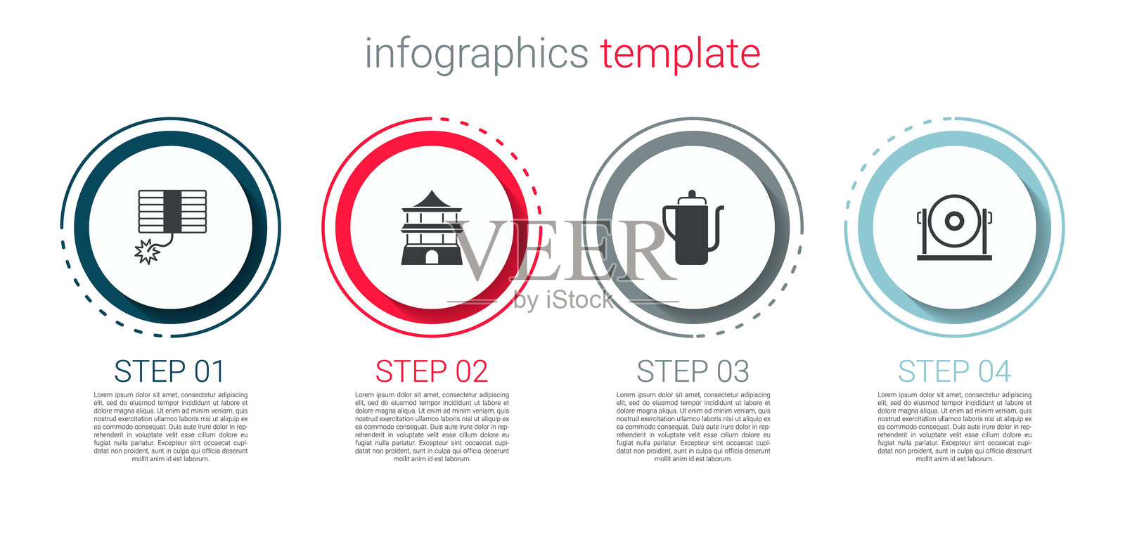 烟花、中华传统房屋、茶道和锣。商业信息图表模板。矢量图。插画图片素材