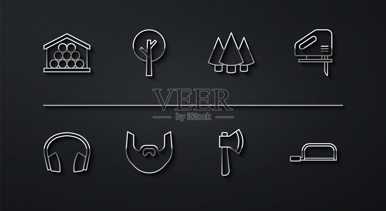 木材、耳机、电动锯、斧头、胡子和胡须、树、手锯和圣诞树图标。矢量图。插画图片素材