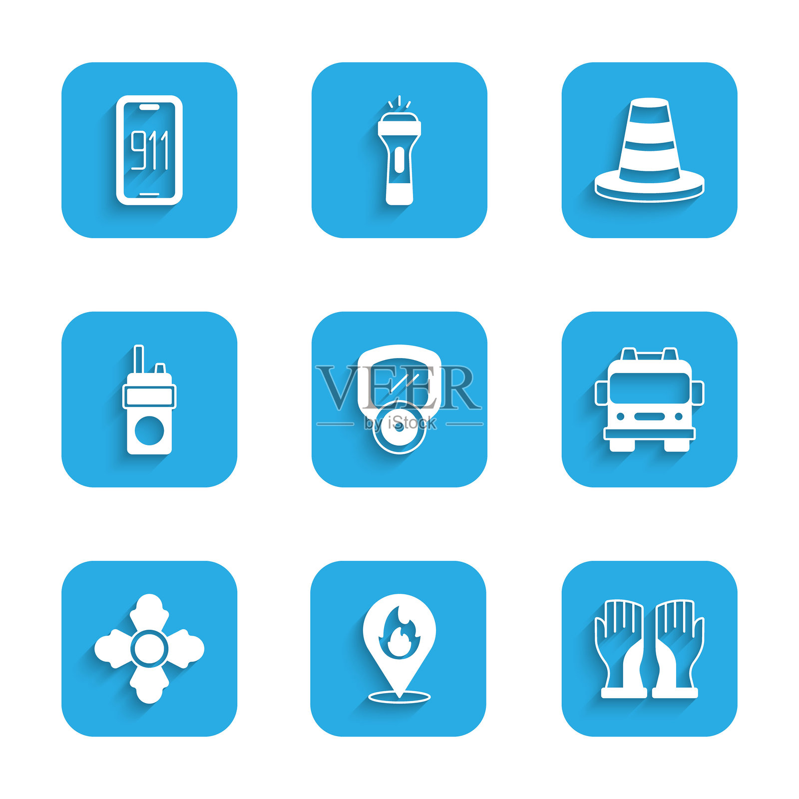 气体面具、火焰地点、消防手套、消防车、对讲机、交通锥和移动紧急呼叫911图标。矢量图。插画图片素材