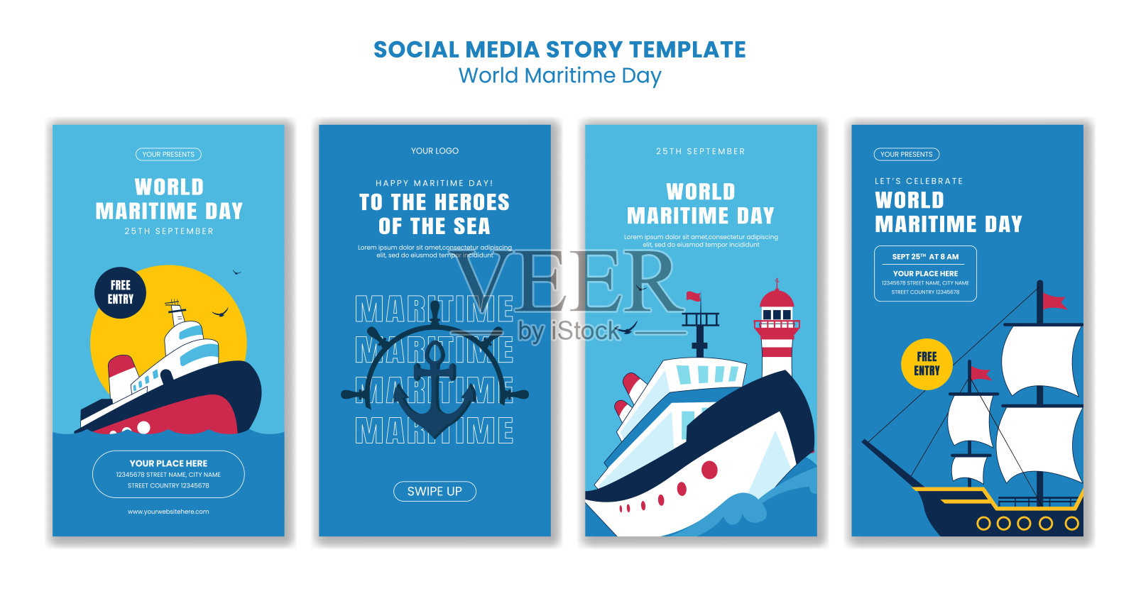 平面风格手绘插图，用于世界海洋日社交媒体故事模板插画图片素材