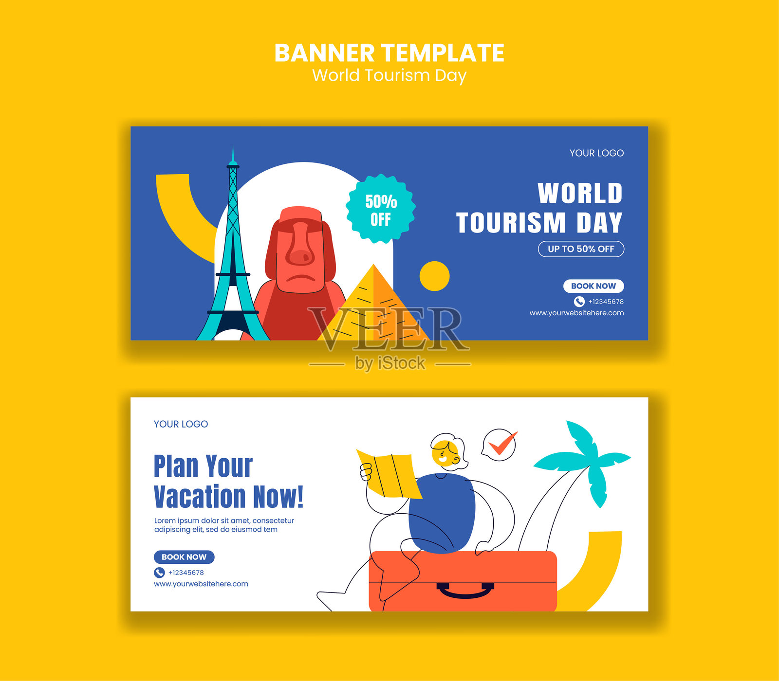 世界旅游日横幅模板设计，手绘扁平风格背景插画图片素材