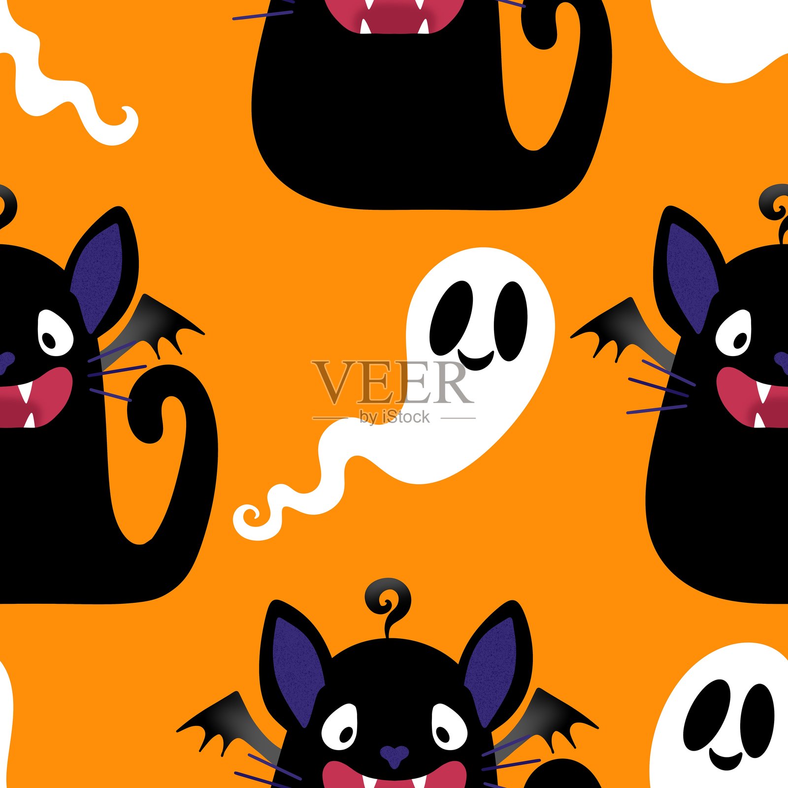 万圣节无缝猫图案，适用于面料、纺织品和包装插画图片素材