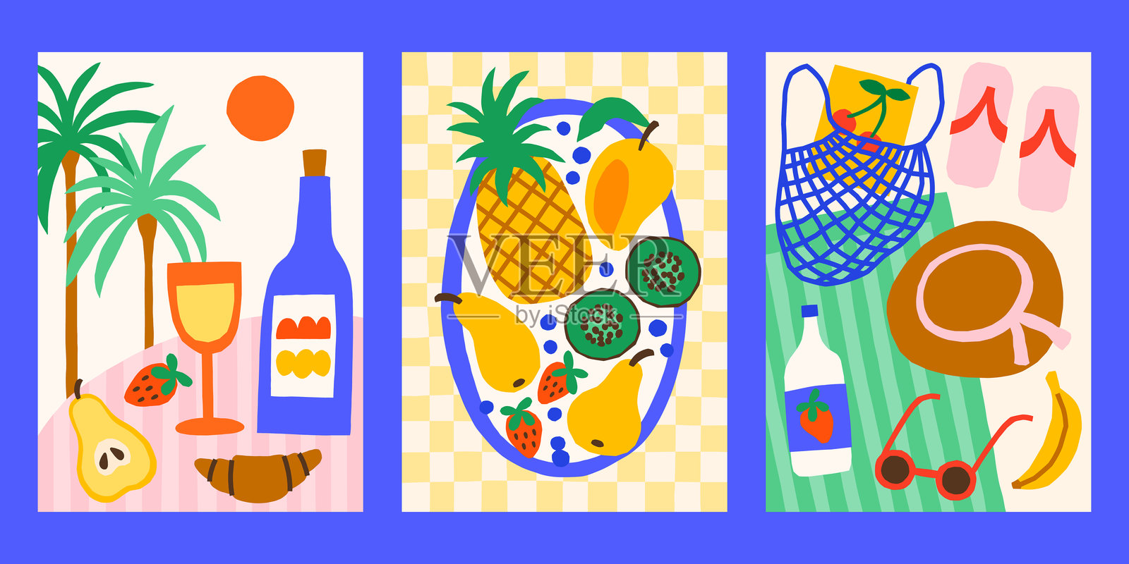 夏季热带矢量海报套装。明亮的印刷设计，包含野餐、食物、饮料和异国水果。插画图片素材