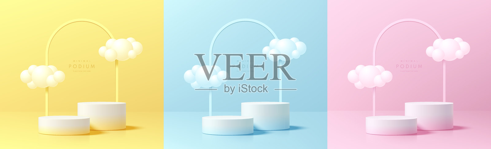 粉色、黄色和蓝色背景下的3D圆柱形讲台组合，配有拱形框架和漂浮的云朵。极简主义的展示台抽象产品展示，舞台展示。平台矢量设计。插画图片素材