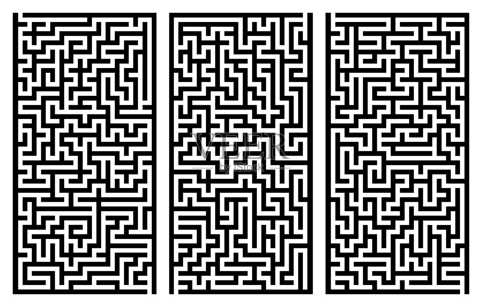 三幅黑白矢量风格的垂直迷宫难题，复杂的迷宫集合，具有复杂的路径结构，逻辑挑战设计，适合解决问题的思维游戏，拼图概念插画图片素材