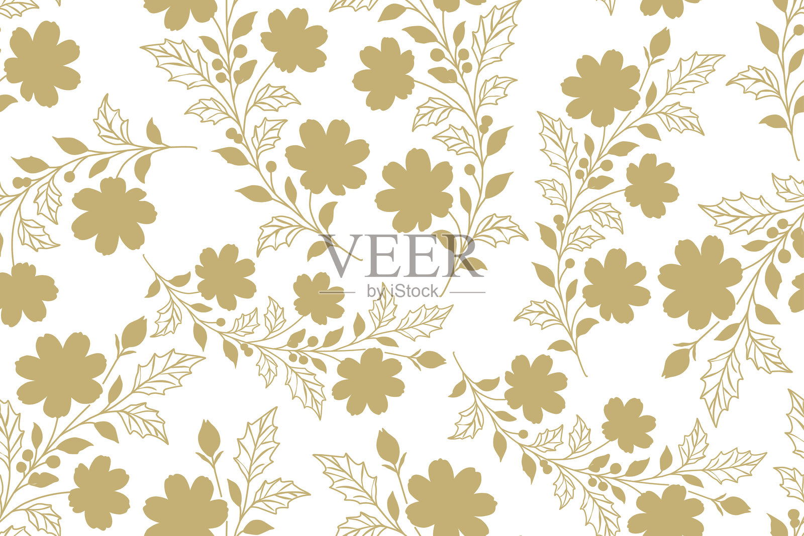 无缝圣诞树叶图案。白色背景上的金色图案插画图片素材