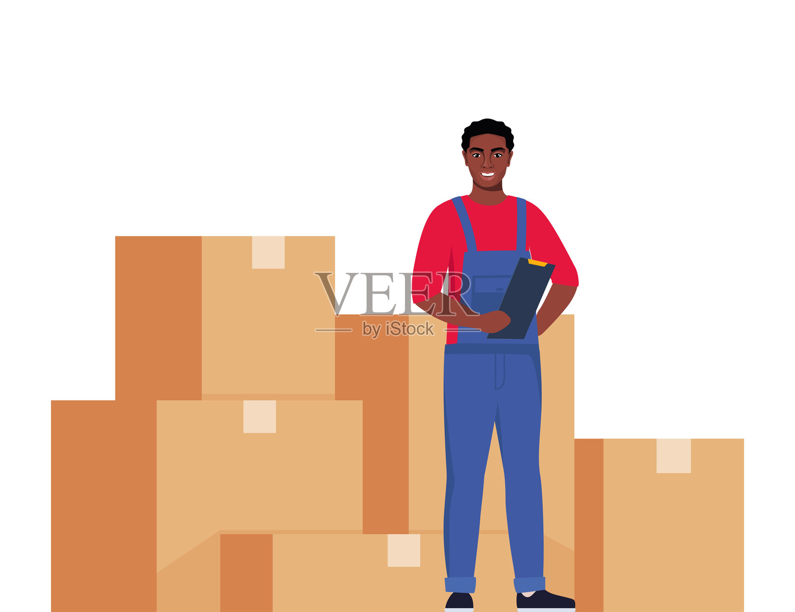仓库工人和一堆箱子。库存盘点工作。非裔美国男性工人。矢量插图。插画图片素材