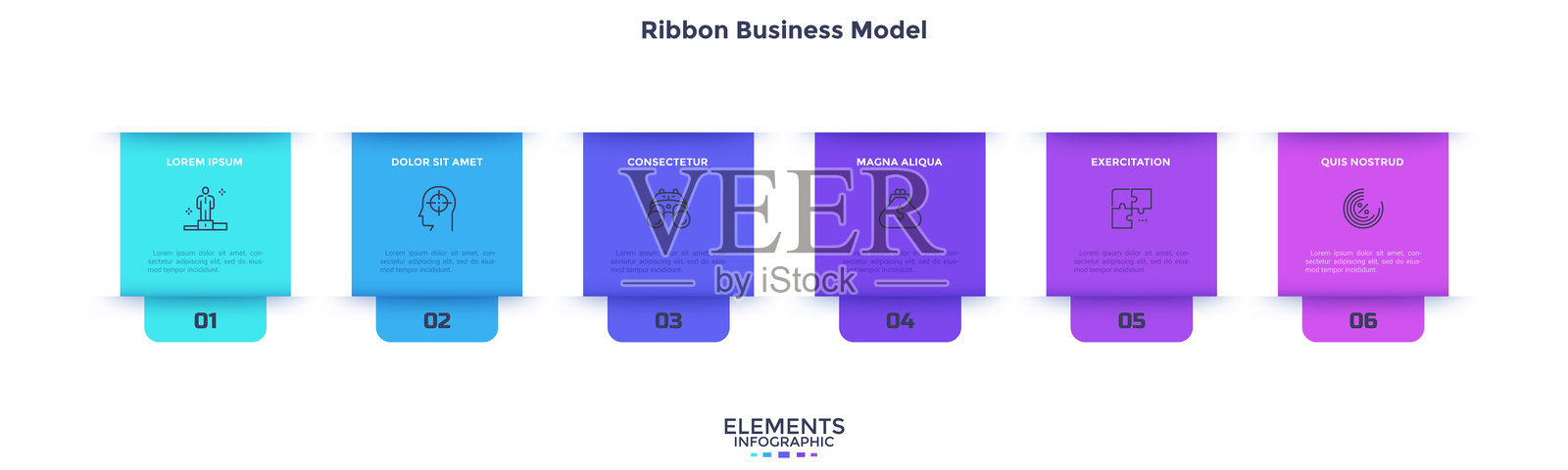 六个矩形带状元素水平排列的商业模型。六步商业战略的概念。简单的信息图设计模板。现代扁平化矢量插图，用于横幅。插画图片素材