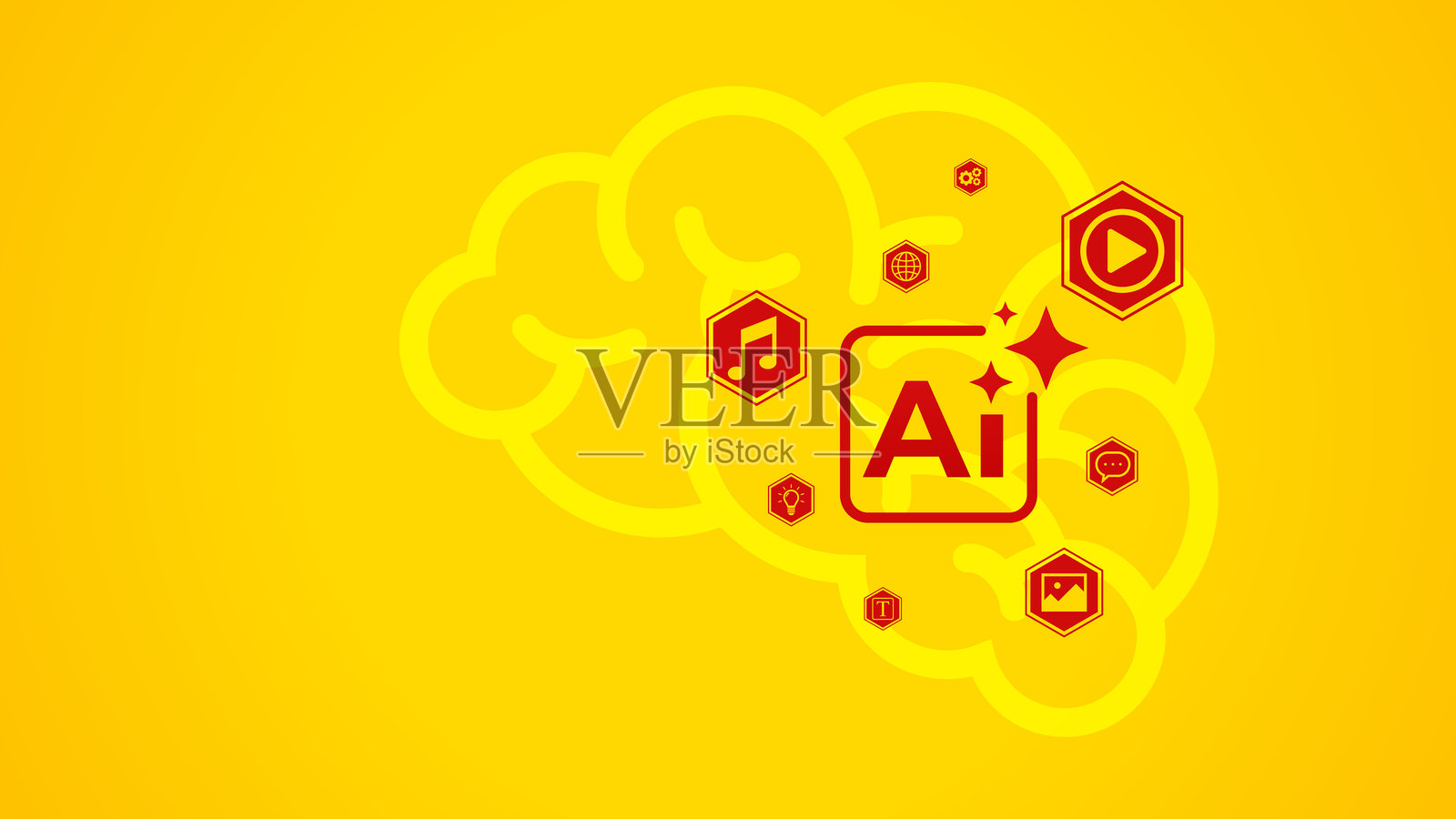 黄色背景上的平面插图，展示了一个带有大脑的人工智能芯片。这是人工智能技术作为日常生活中助手的概念，帮助完成各种任务。插画图片素材