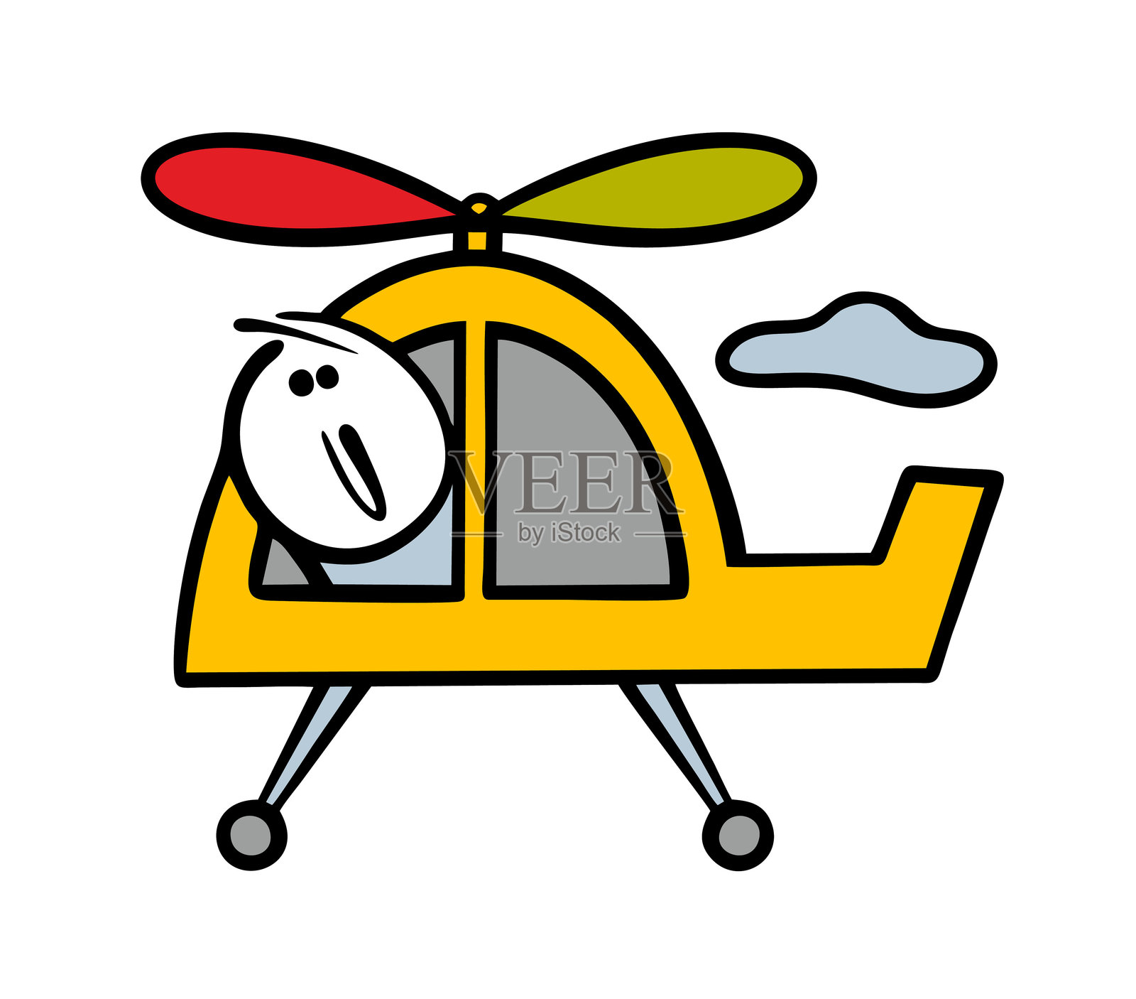 有趣的直升机玩具在天空中飞翔。一个小人从窗户向下看，矢量插图。天气很好，飞行员和云朵。插画图片素材