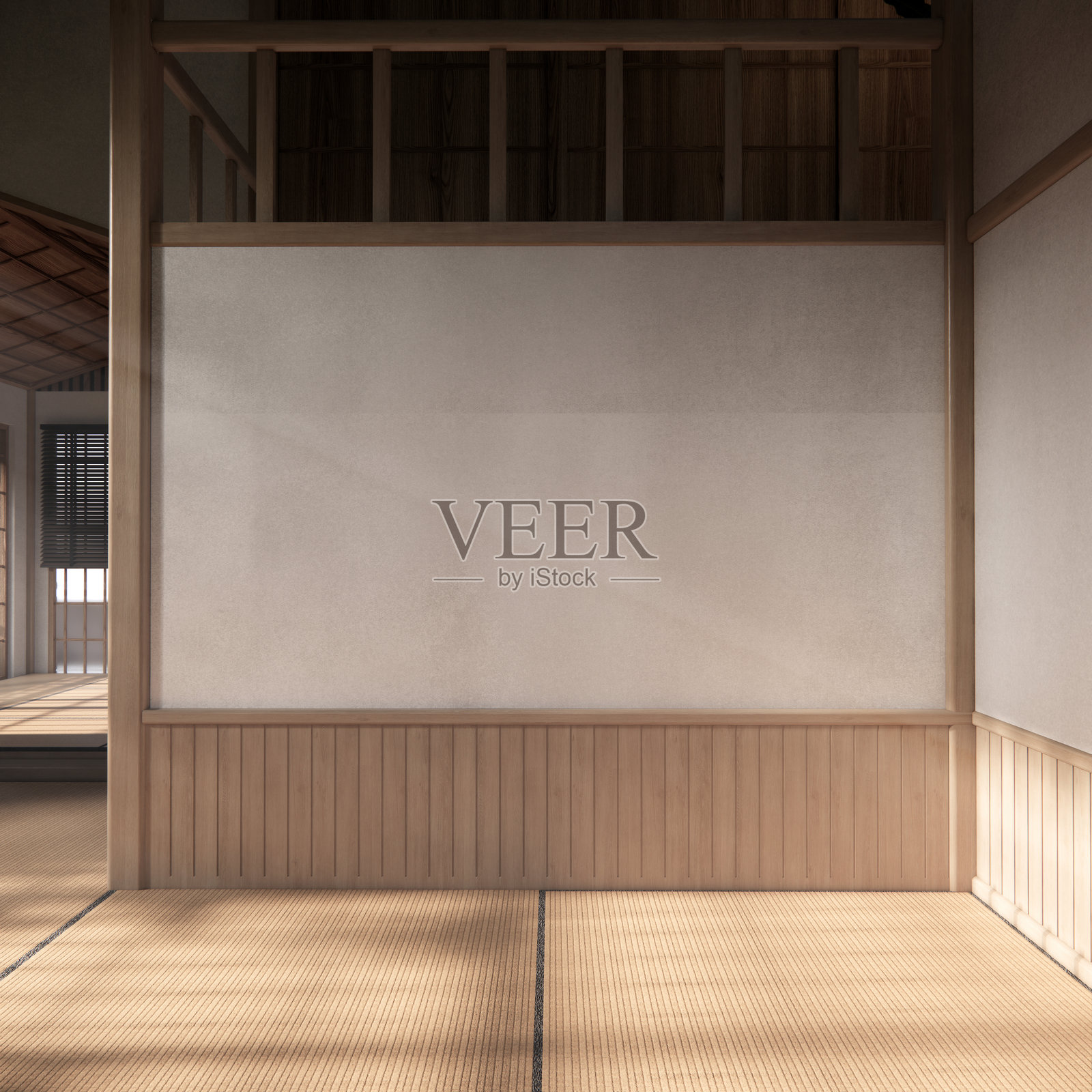 日式传统风格的大空房间，铺有榻榻米地板的效果图，3D渲染。照片摄影图片
