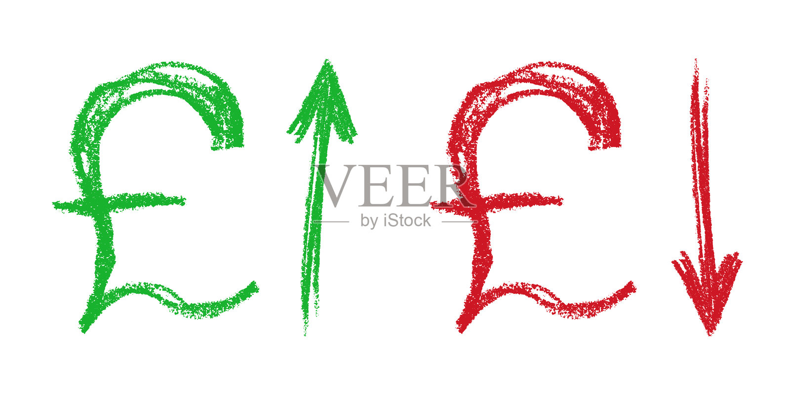 手绘英镑货币符号，利润的增长与下降，带有上下箭头的笔刷涂鸦，设计元素插画图片素材