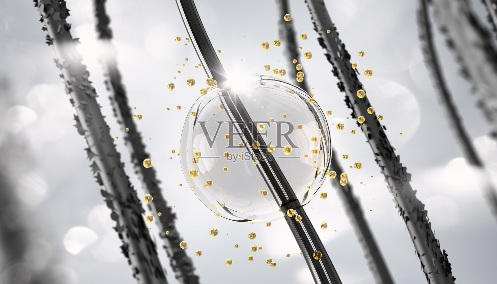 修复受损发丝的3D背景。用透明洗发水滴和油泡、胶原蛋白精华或角蛋白滴滋养和滋润头发鳞片。美容护理渲染。照片摄影图片