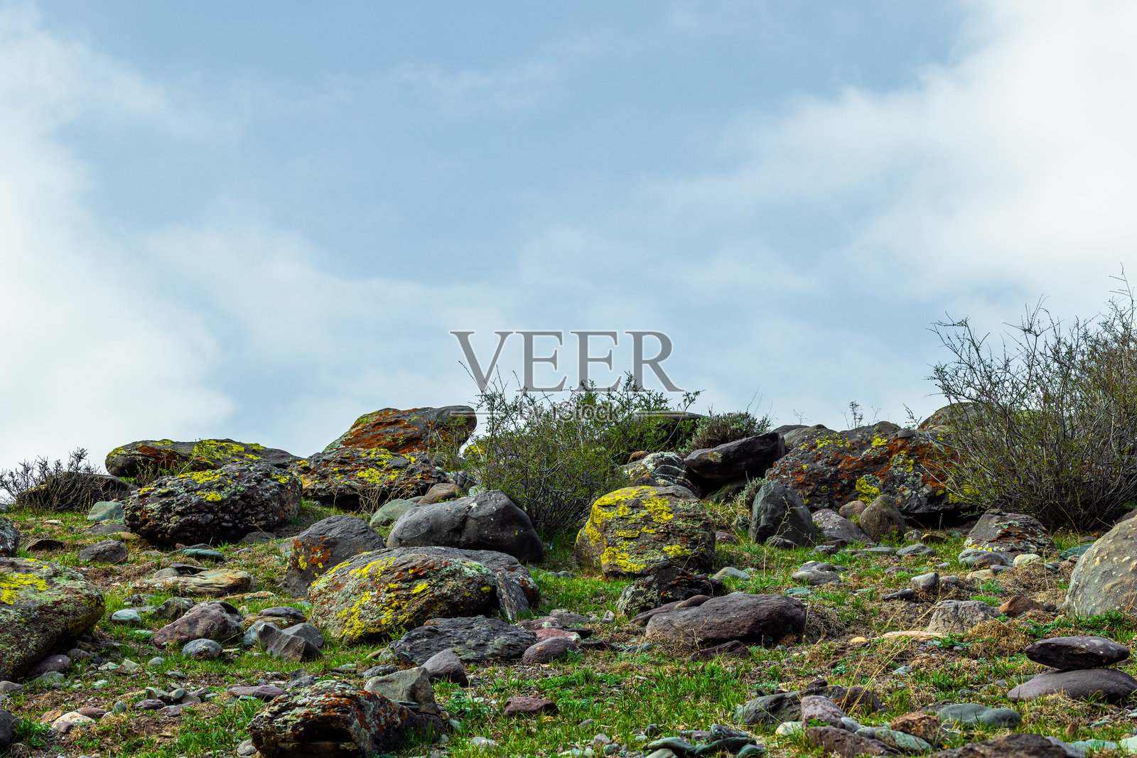 宁静的山坡上布满了苔藓的各种岩石照片摄影图片