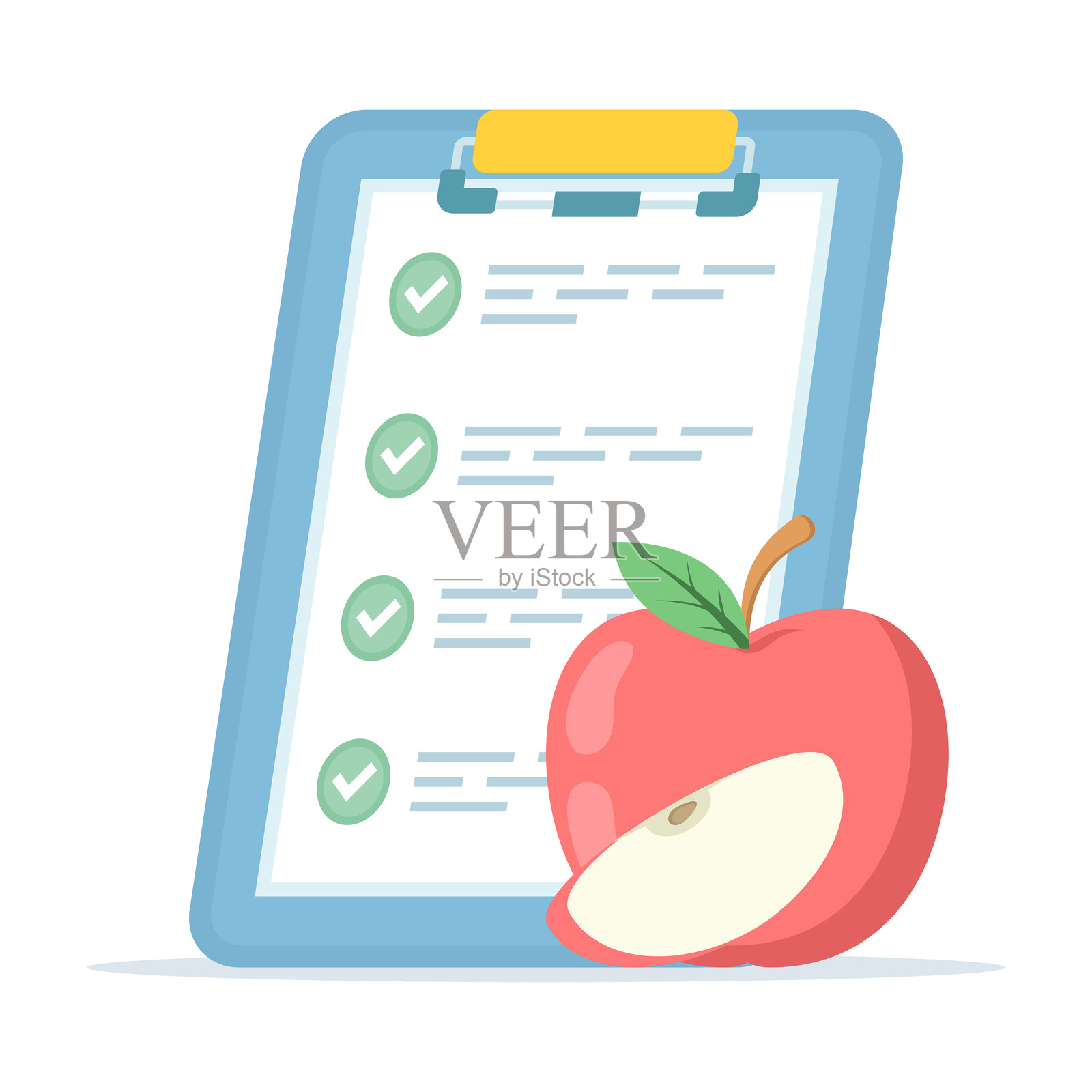 健康追踪图表。苹果和清单图标非常适合饮食计划。带有苹果图标的食物清单。这个图形符号非常适合健身和减肥网站及应用程序设计。扁平设计。插画图片素材