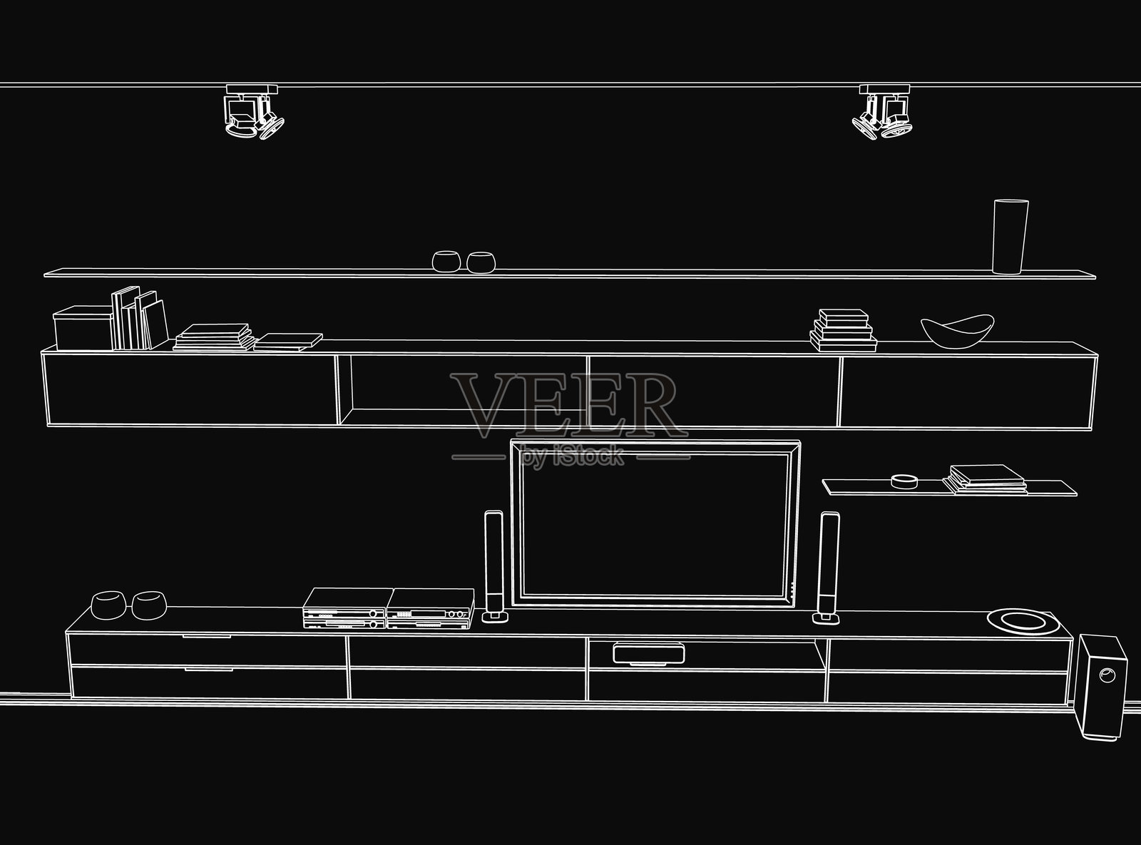 一幅黑白轮廓画描绘了一个神秘的客厅，里面有电视、书籍和各种物品摆放在架子上。深色背景增强了阴森的氛围。插画图片素材