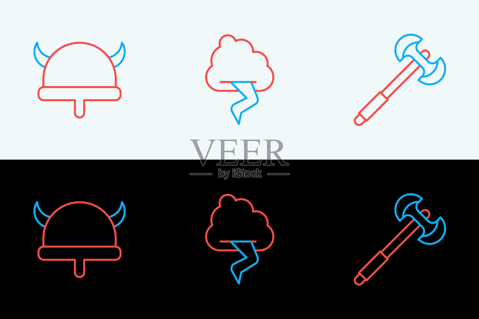 中世纪长杆斧，戴角盔的维京人，云和闪电图标。矢量图。插画图片素材