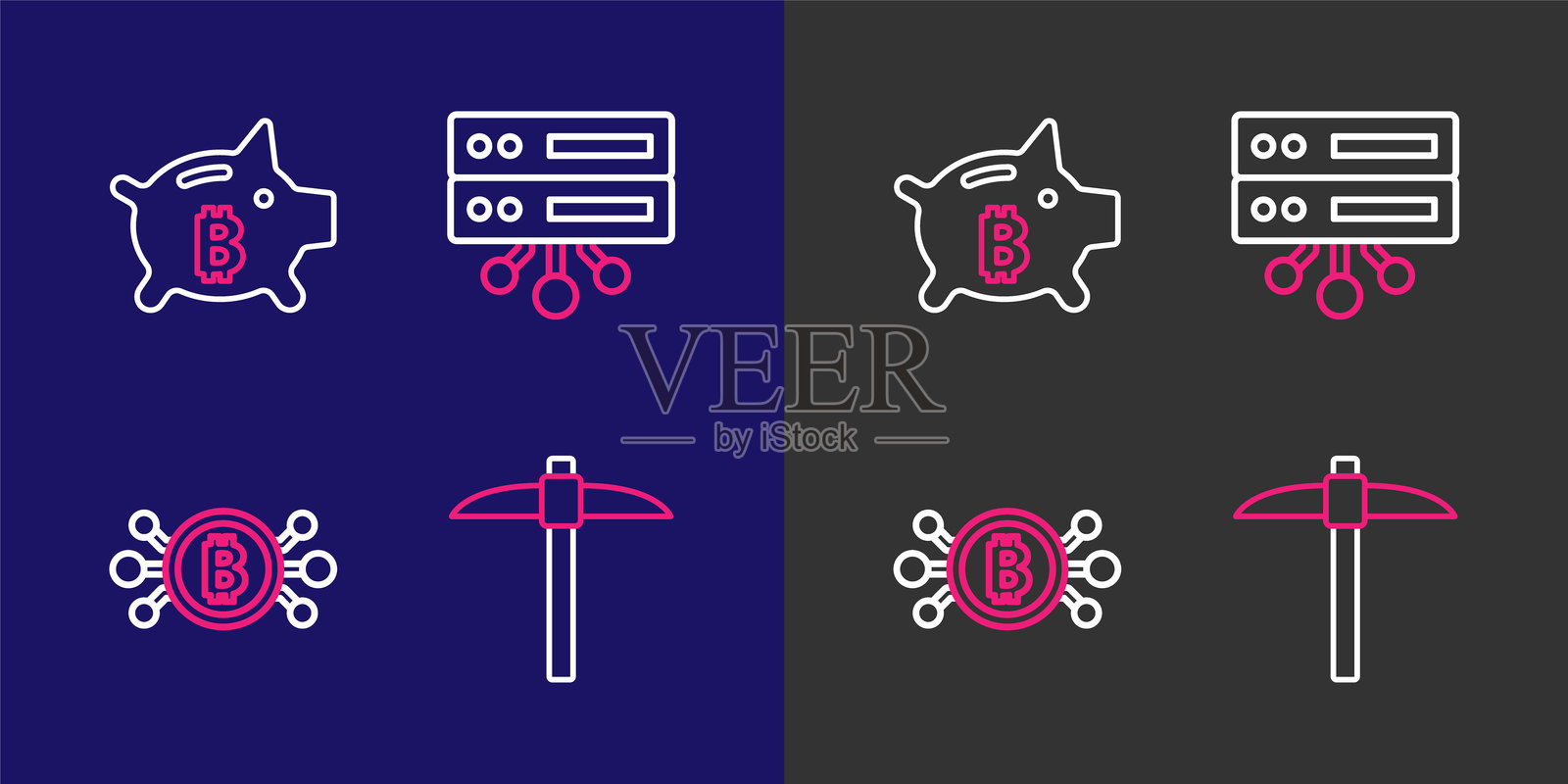 设置线条，镐，电路中的比特币，服务器和比特币图标的储蓄罐。矢量图。插画图片素材