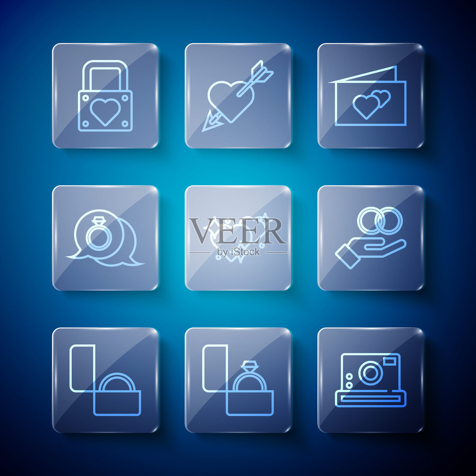 钻石订婚戒指图标，照相机，贺卡，两个相连的心，锁与心以及婚戒图标。矢量图。插画图片素材