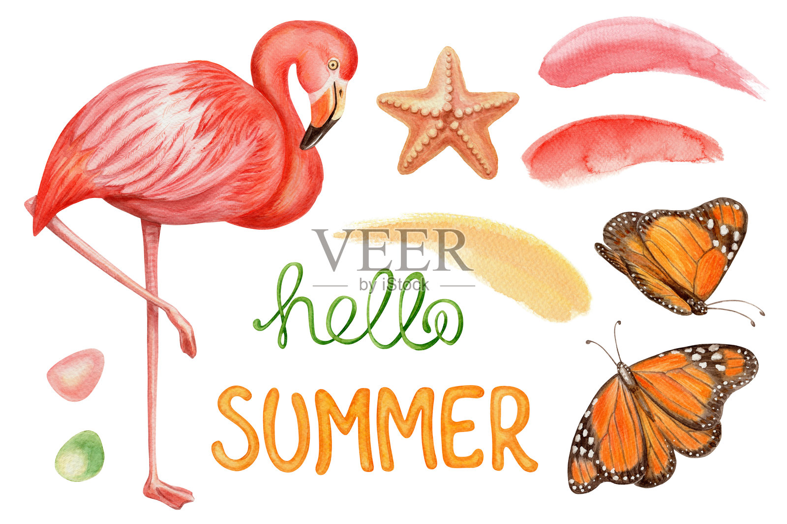 明亮热带色调的水彩画套装，包含火烈鸟、蝴蝶、海星和“你好，夏天”的字句。手绘插图适用于海滩贺卡、度假模板和欢快的季节艺术设计。插画图片素材