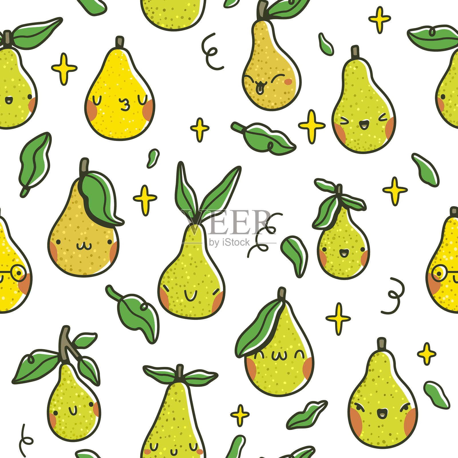 可爱卡通梨、绿色叶子和闪亮黄色星星的无缝图案。插画图片素材