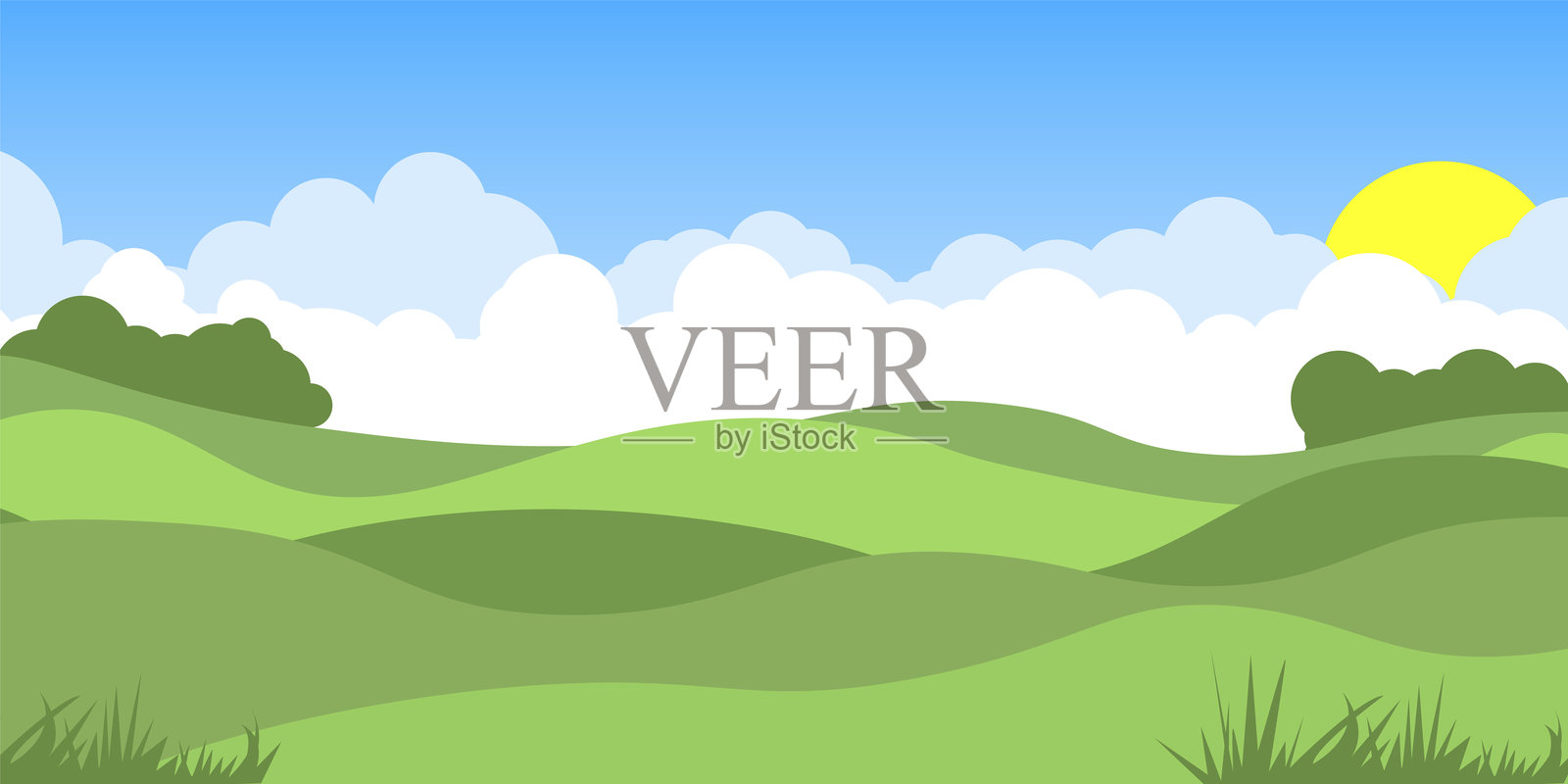 春夏晨景，云朵与田野相映成趣插画图片素材