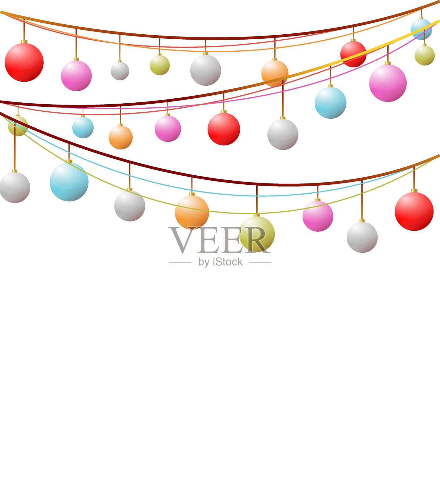 五彩缤纷的圣诞球像花环一样悬挂作为边框。节日概念中的灯泡。矢量插图。插画图片素材