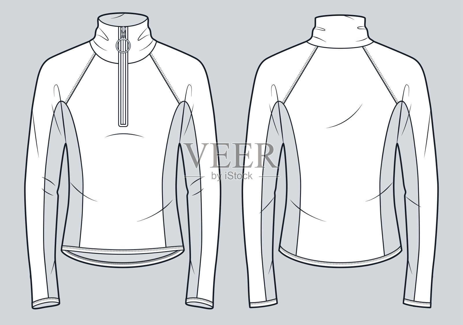 半拉链高领运动服上衣技术时尚插图。拉格兰袖衬衫时尚平面技术图纸模板，合身，正面和背面视图，双色，男女通用CAD模型。插画图片素材
