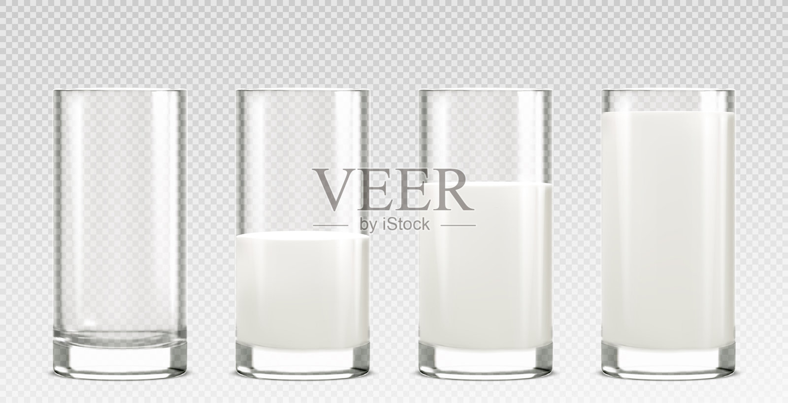 玻璃杯系列展示牛奶倒入的不同阶段插画图片素材