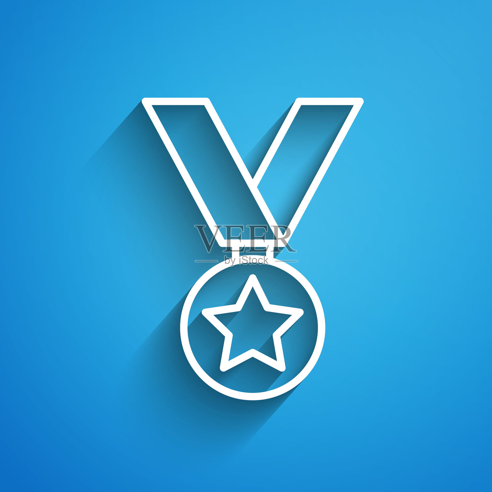 白色线条的军事奖励勋章图标，背景为蓝色。军队标志。长阴影。矢量图。插画图片素材