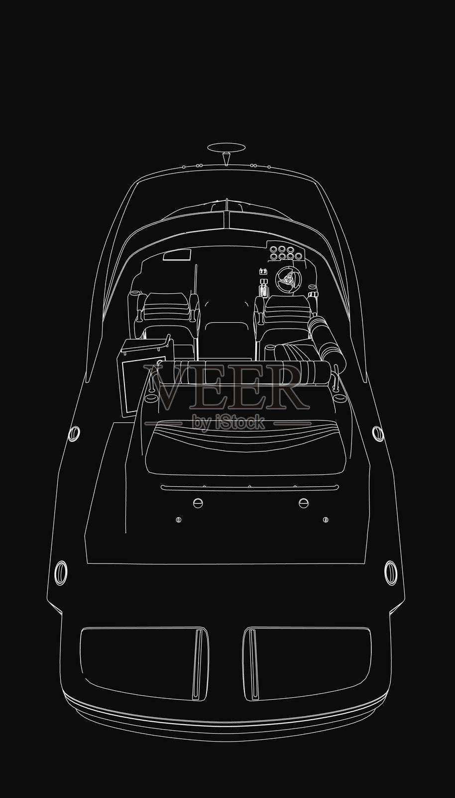 一艘流线型的黑白快艇，拥有光滑的曲线和动感的线条，在鲜明的黑色背景下格外引人注目。极简设计突出了空气动力学轮廓和细致的阴影。插画图片素材
