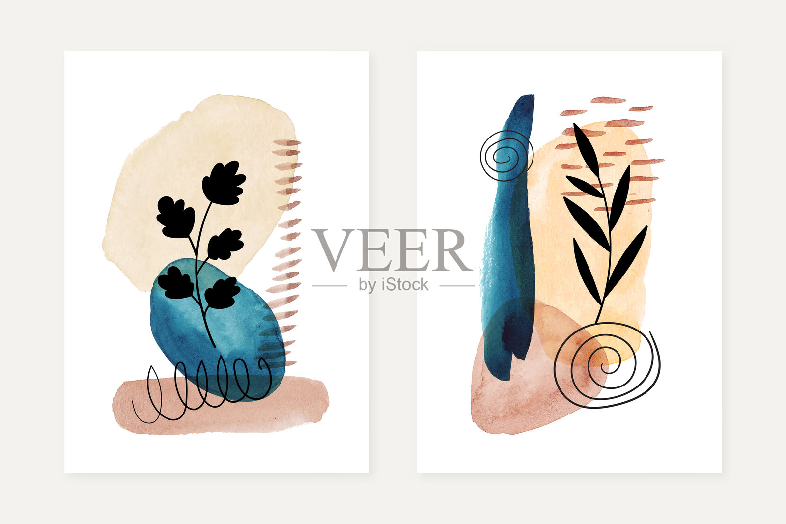 手绘水彩艺术海报套装。极简现代墙面艺术海报设计。中世纪风格的封面，带有水彩颜料污渍和叶子。插画图片素材