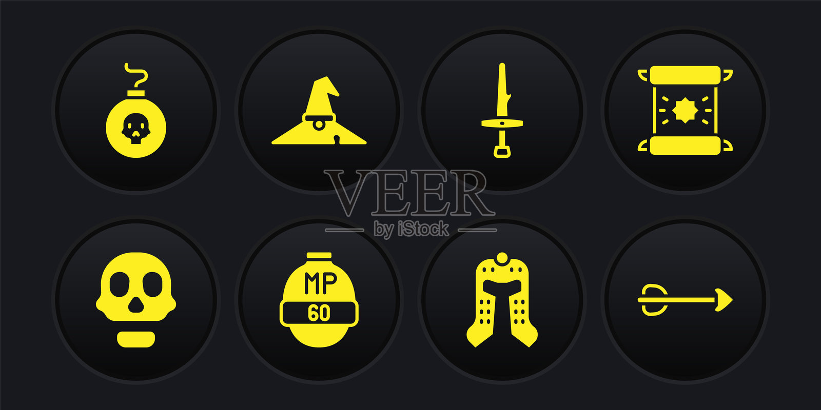 骷髅、法令、羊皮纸、卷轴、视频游戏酒吧、中世纪头盔、匕首、女巫帽、箭和即将爆炸的炸弹图标。矢量图。插画图片素材