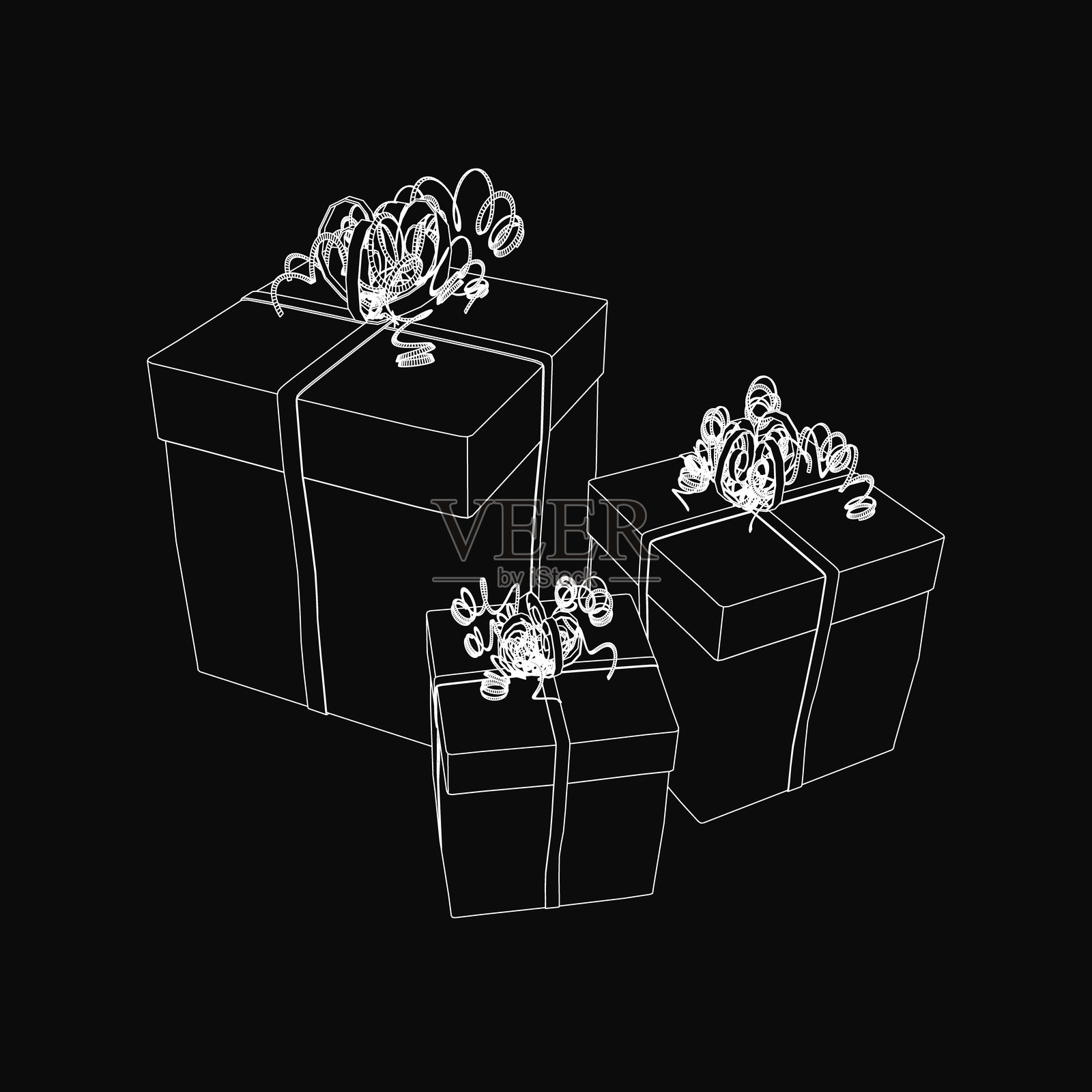 三个黑白相间的礼品盒整齐地系着蝴蝶结，呈三角形排列在深色背景上。最大的盒子位于中央，两侧是两个较小的盒子。插画图片素材