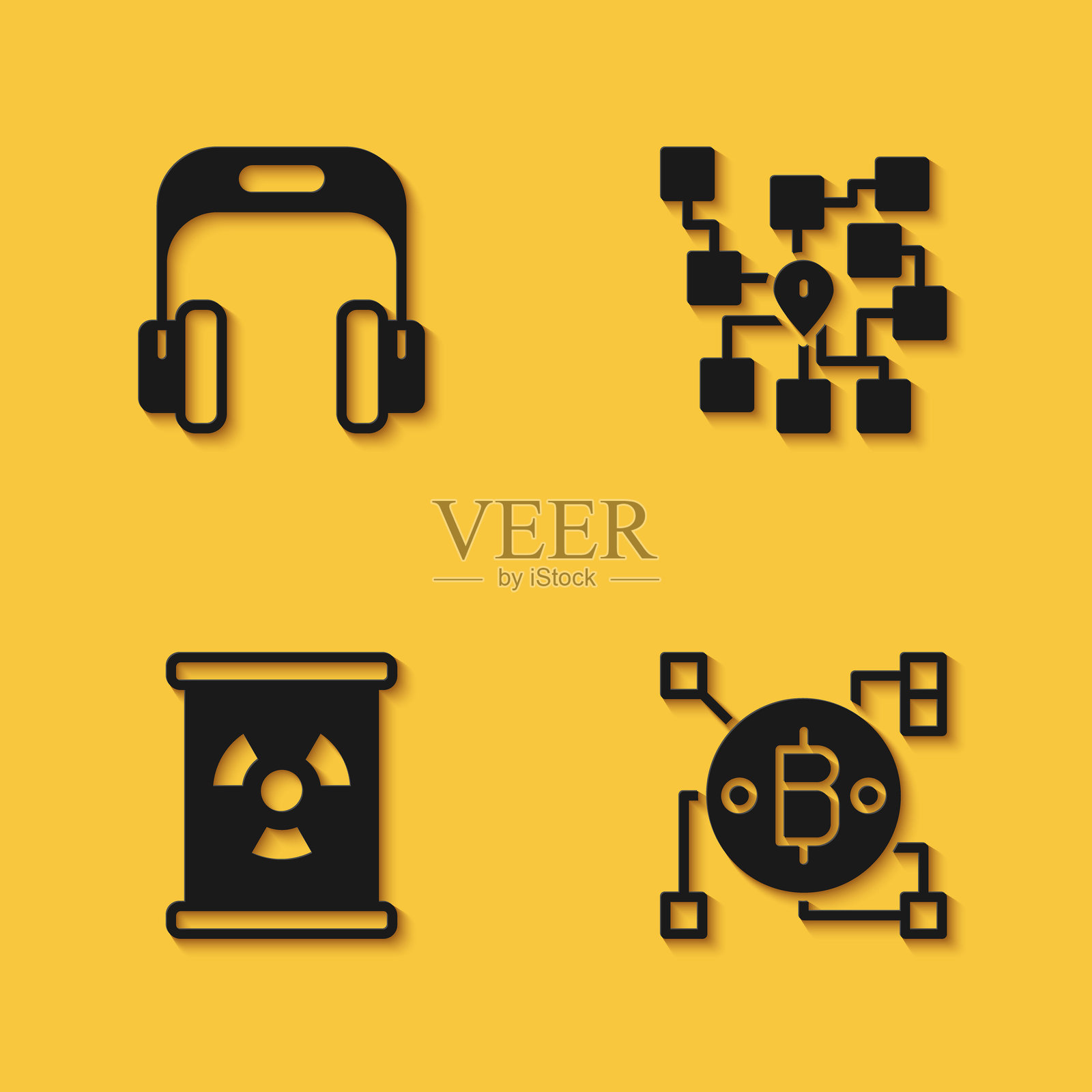 耳机、区块链技术比特币、放射性废物桶和带长阴影的神经网络图标。矢量图。插画图片素材