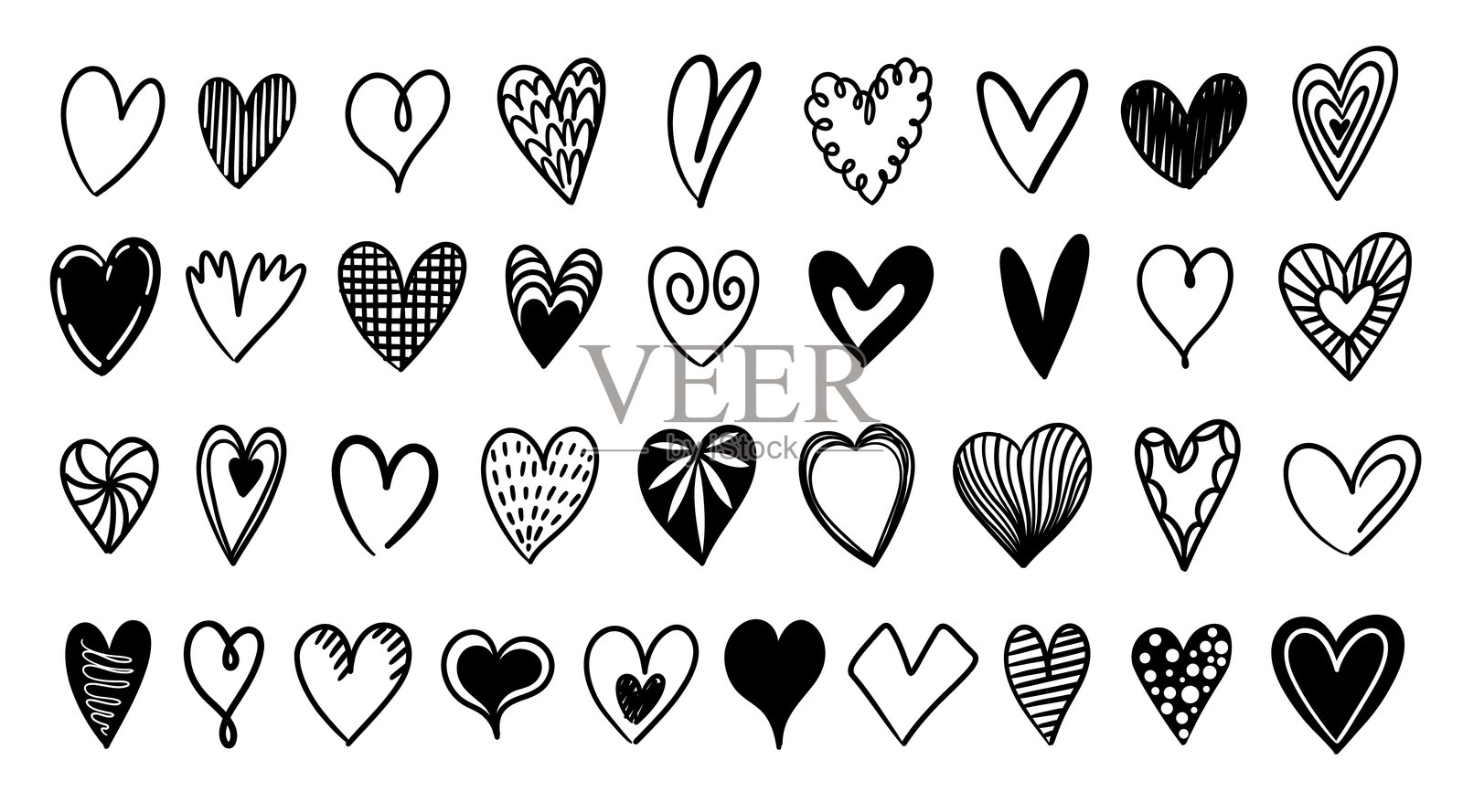 手绘心形。可爱的极简铅笔素描情人节符号，简单的黑色轮廓涂鸦浪漫涂鸦。矢量独立图集。插画图片素材