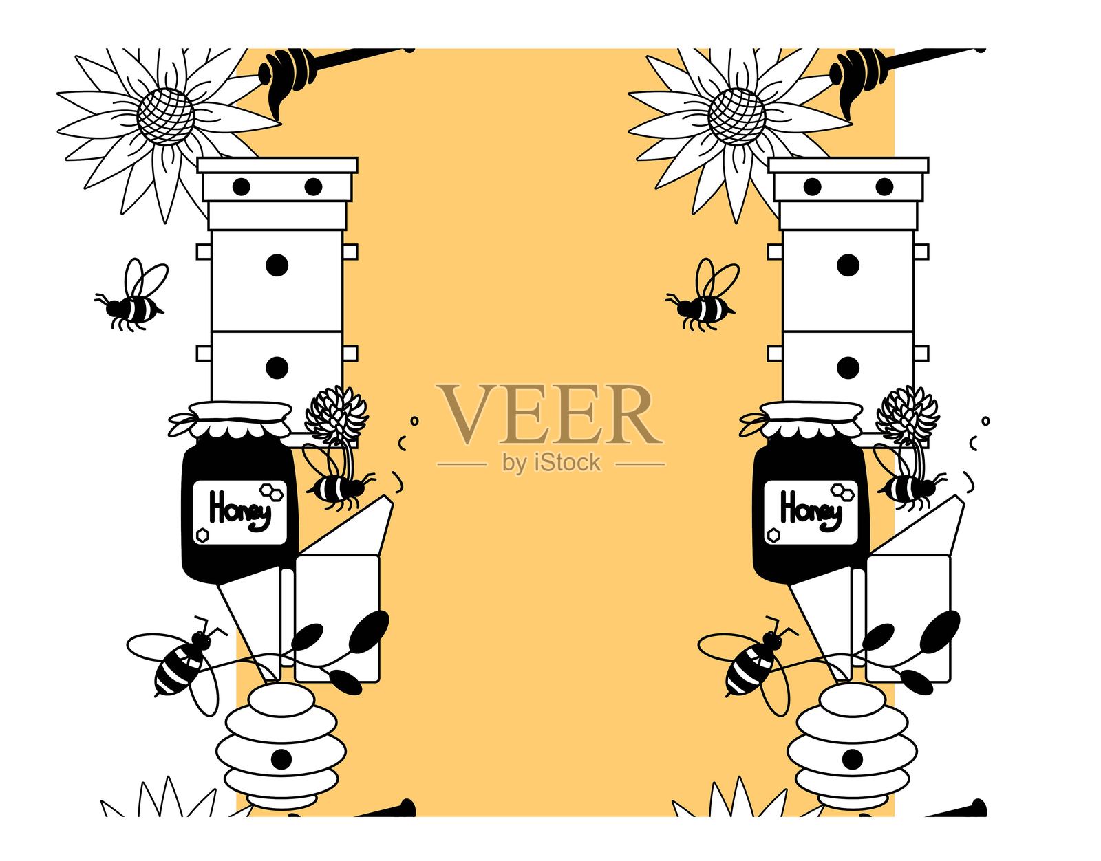 蜜蜂、花朵和罐子的垂直无缝边框模板。矢量图形线条插图。非常适合卡片、装饰、贴纸、标志、菜单和各种设计。插画图片素材
