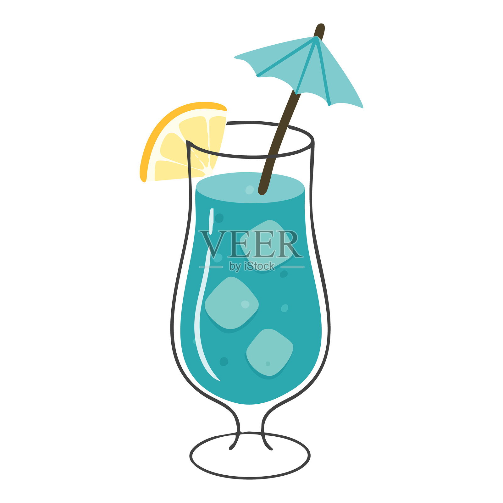 清新的蓝色鸡尾酒，配有柠檬和伞装饰插画图片素材