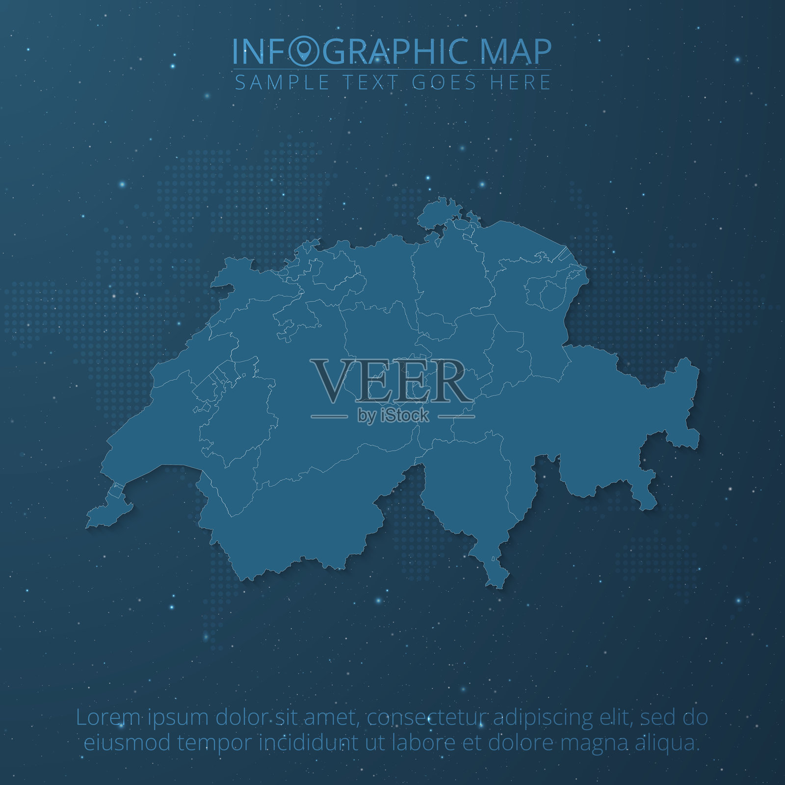 瑞士地图高细节，所有州分开显示在深蓝色背景上插画图片素材