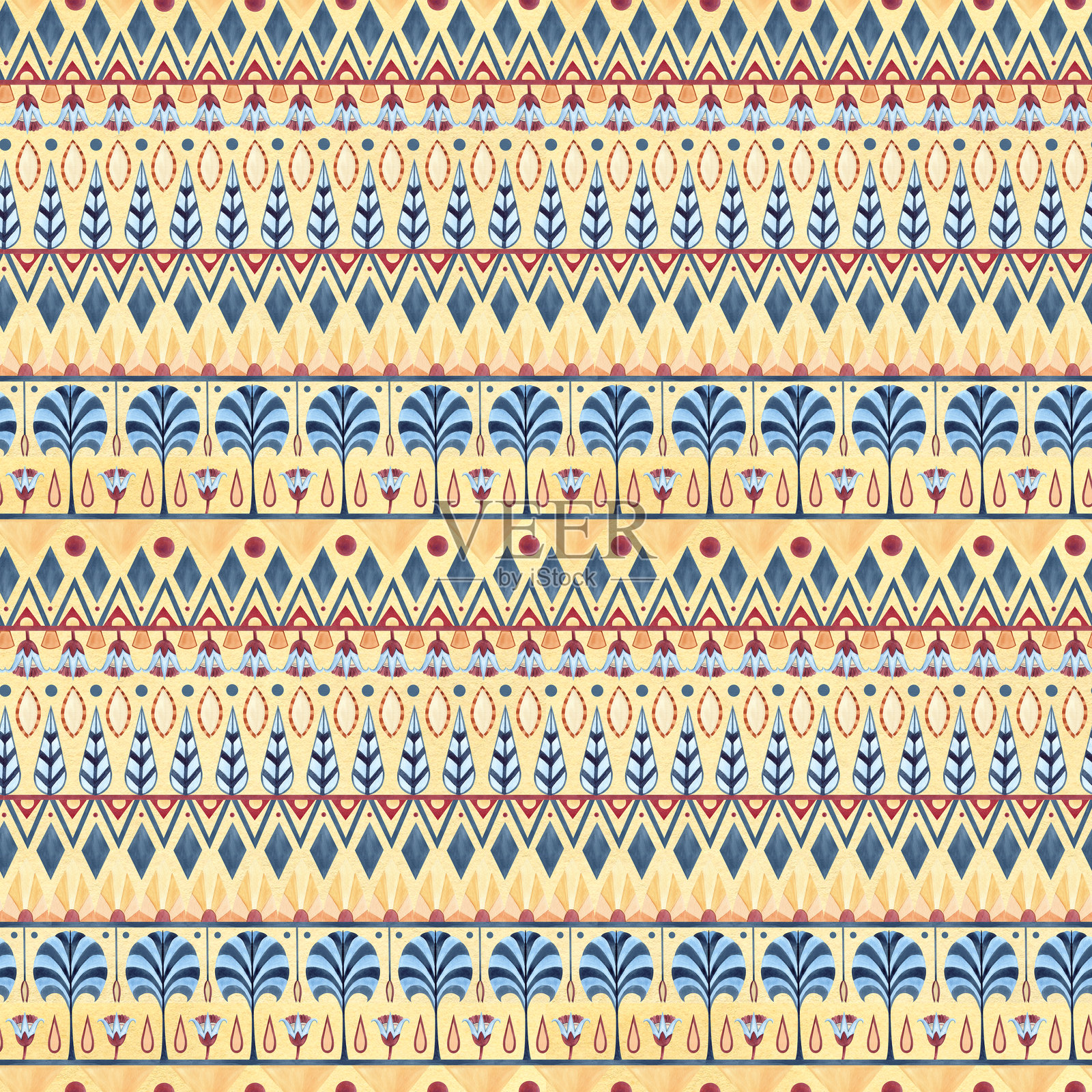 民俗民族装饰无缝图案，几何形状，符号。抽象的莲花、棕榈树、横线。水彩插图，独立于黄色背景。适用于纺织品、包装、装饰。插画图片素材