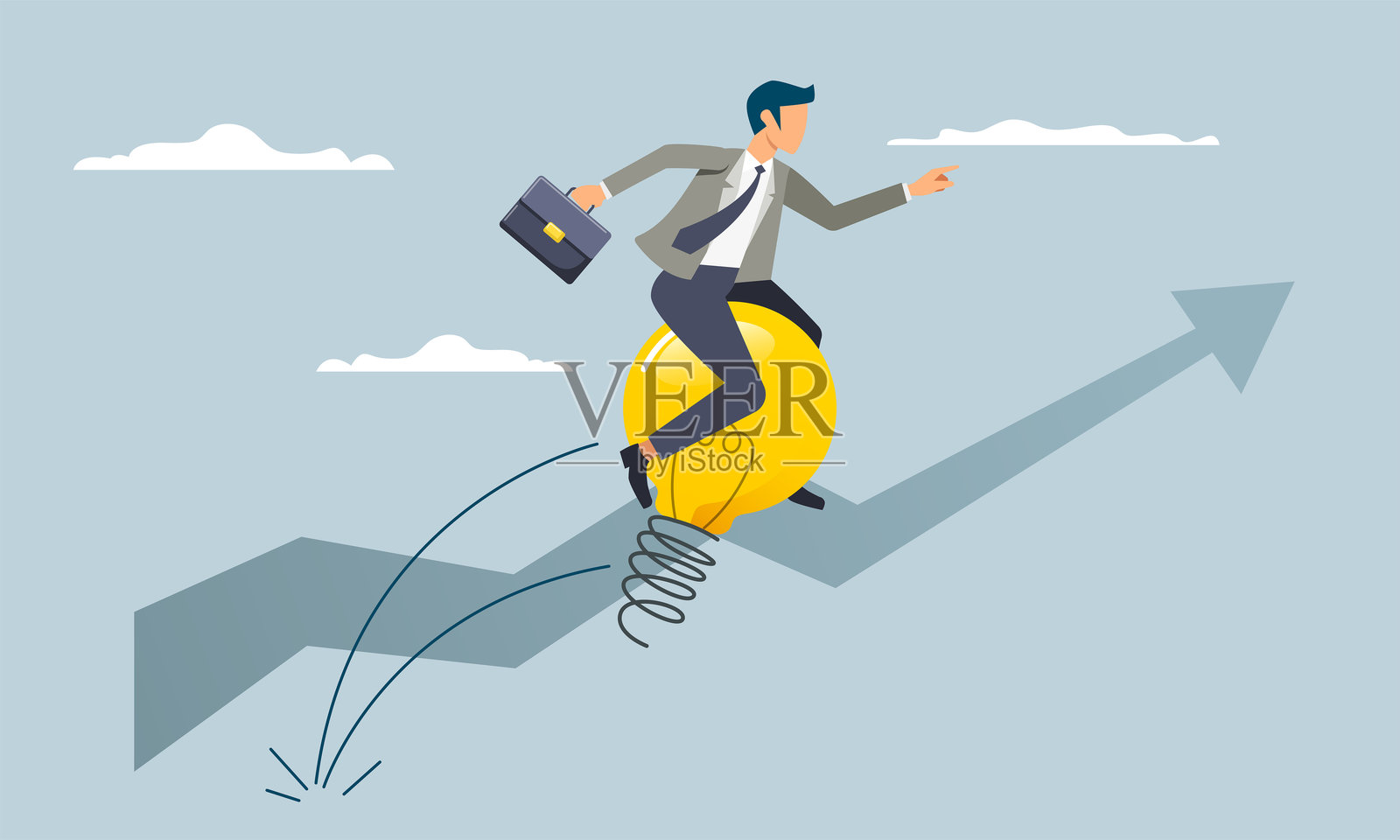 商人骑着一个弹跳的弹簧灯泡。创意想法创造新的机会。插画图片素材