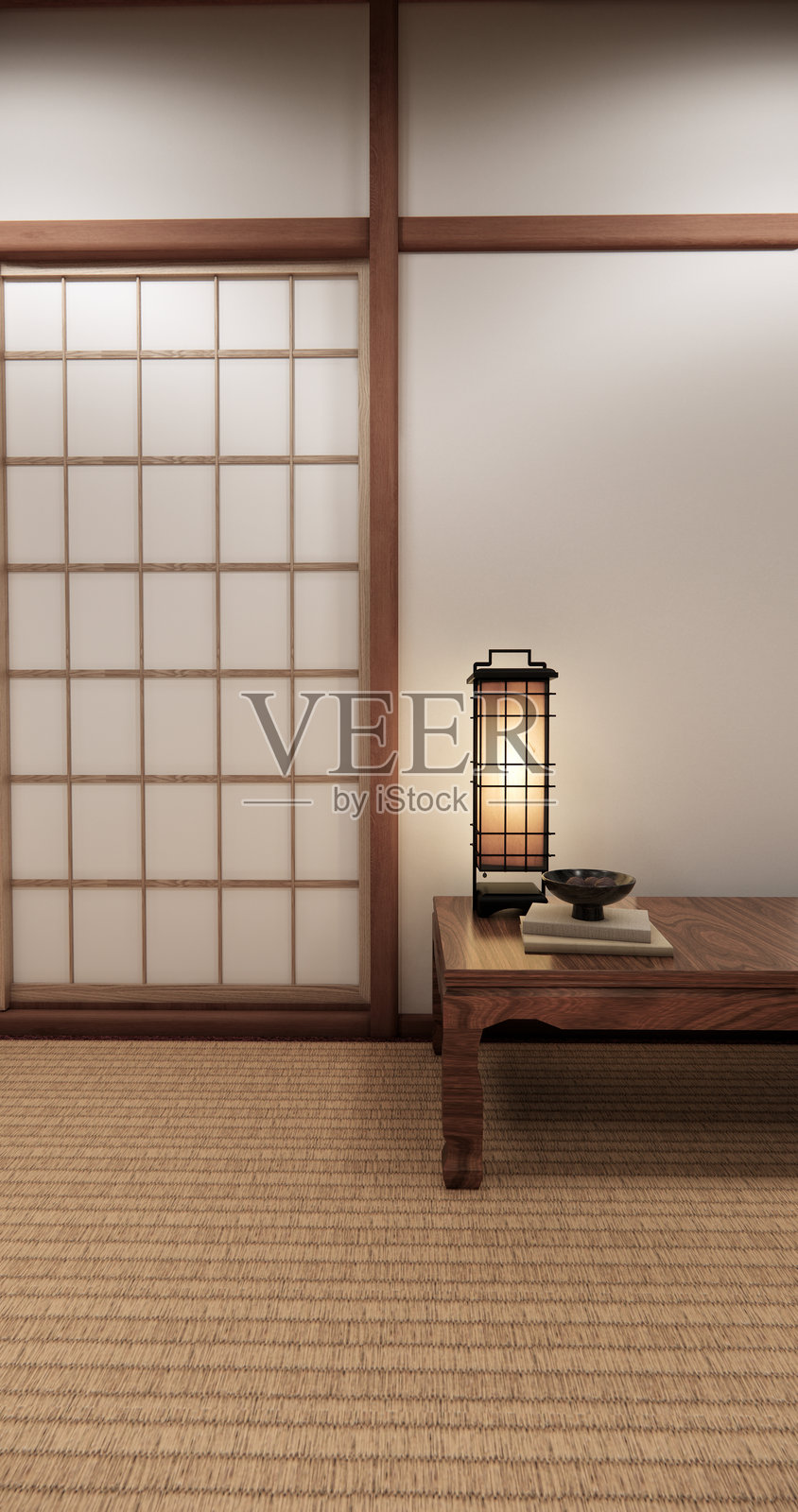 榻榻米日本传统矮桌和极简日式风格房间的装饰。3D渲染。照片摄影图片