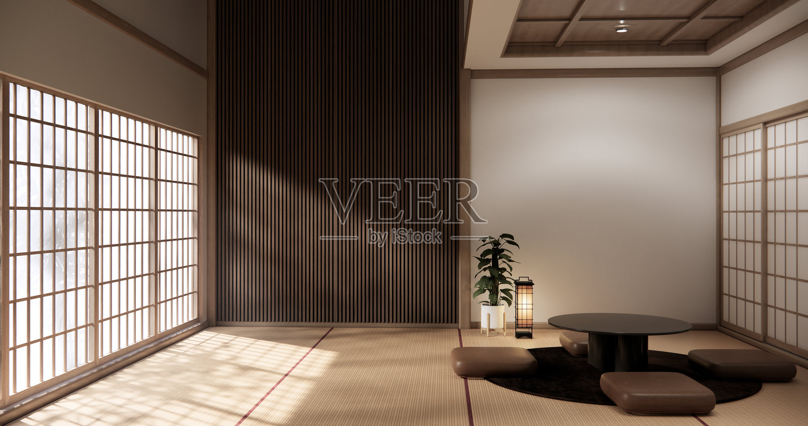 榻榻米桌和装饰品在极简日式风格的Japandi房间中。3D渲染。照片摄影图片