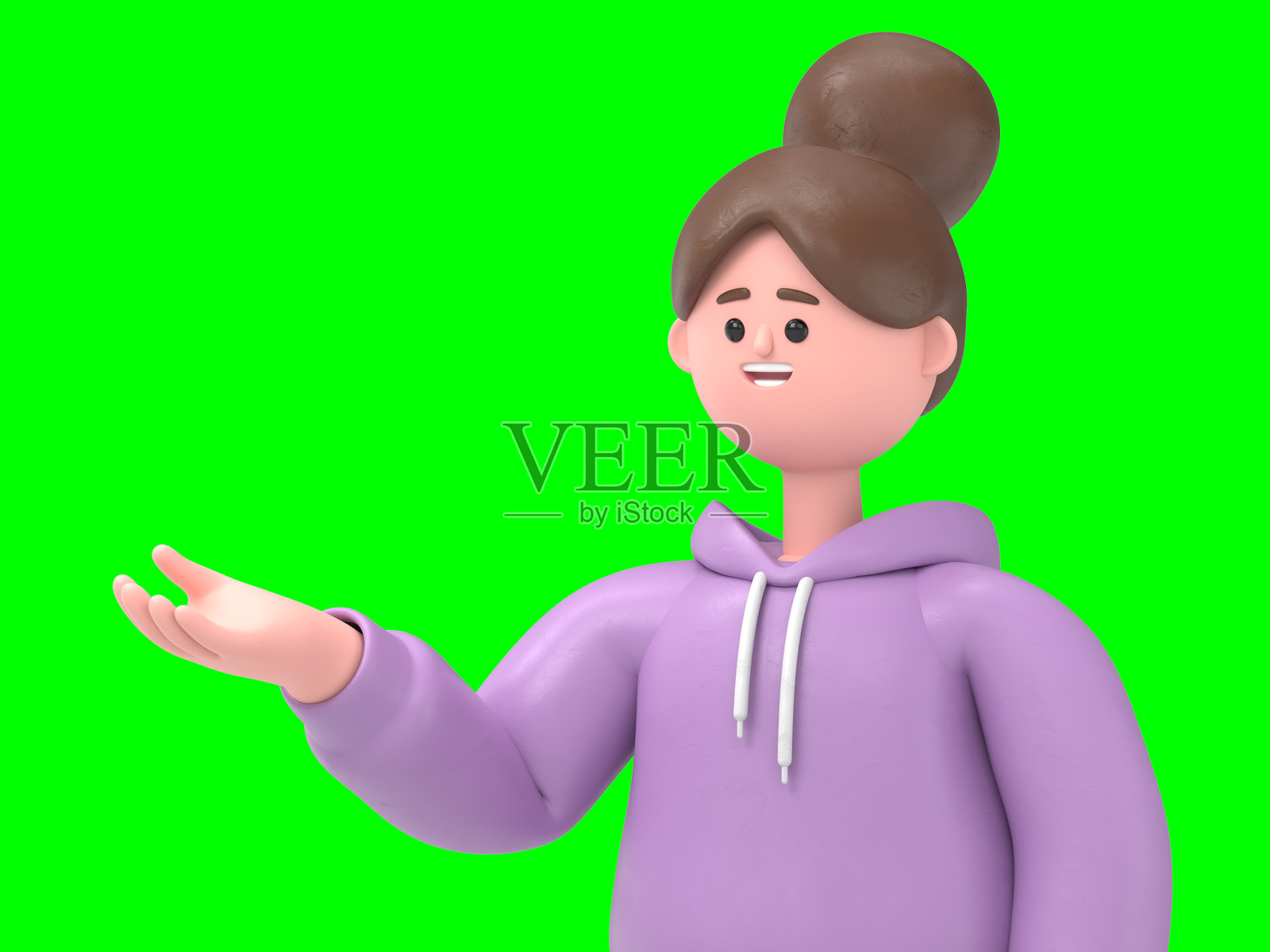 3D插图：微笑的亚洲女性Angela展示手掌并做出“好的”手势，竖起大拇指，3D渲染，绿色背景用于视频素材和抠图。照片摄影图片