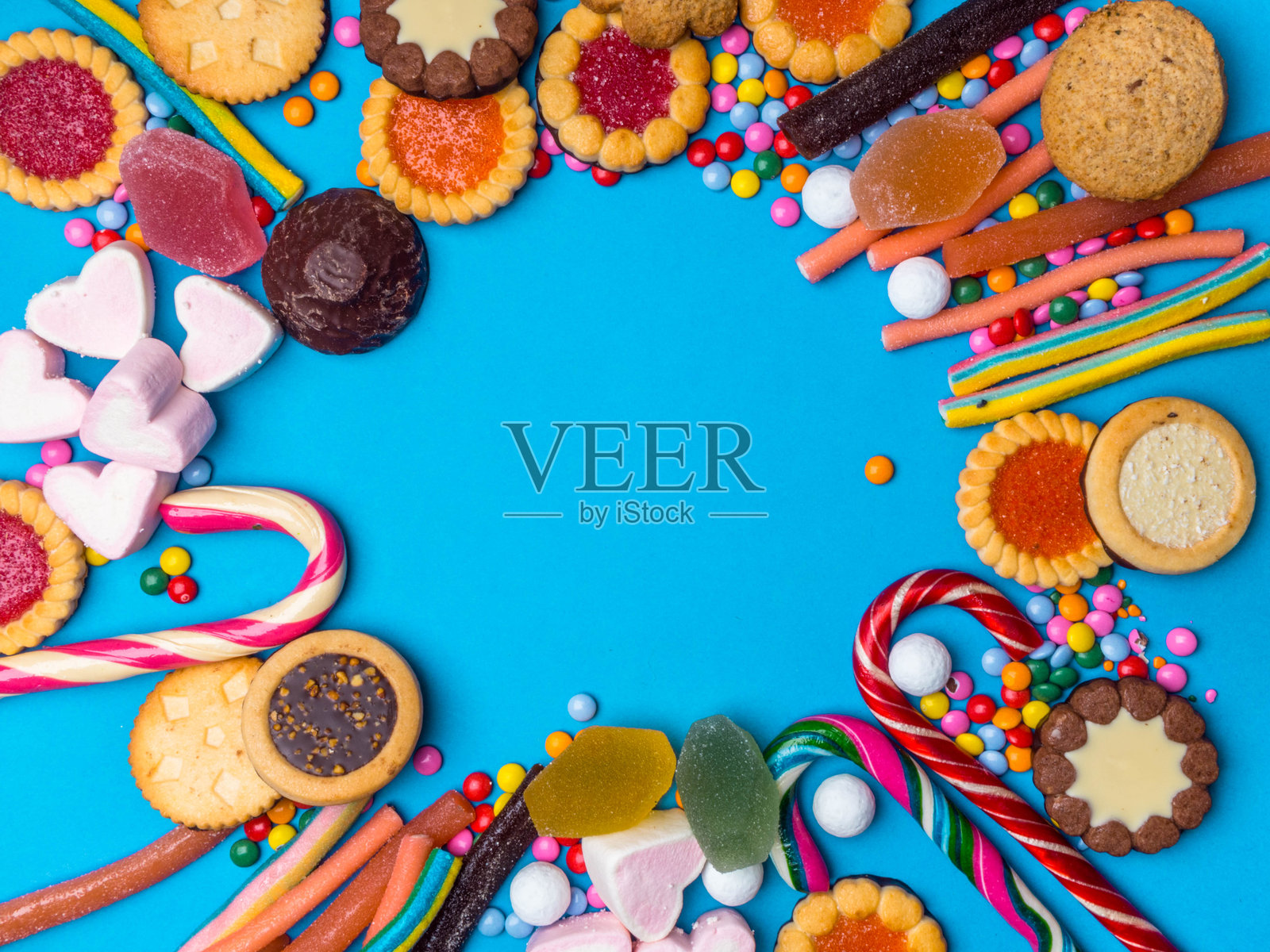 糖果背景，各种颜色的糖果，混合的不健康糖果照片摄影图片