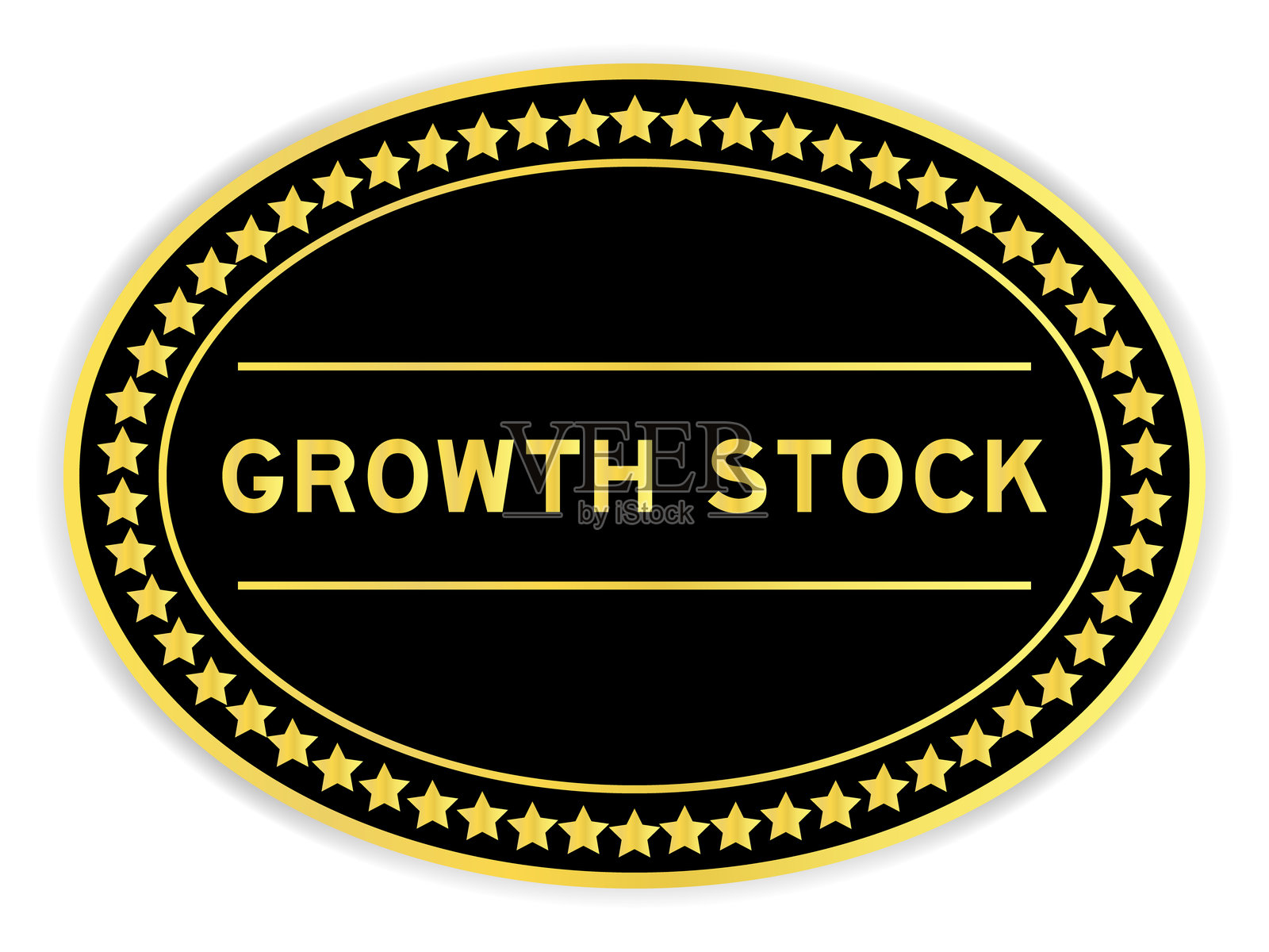 黑色和金色的椭圆形标签贴纸，上面写着“增长股票”，背景为白色。插画图片素材